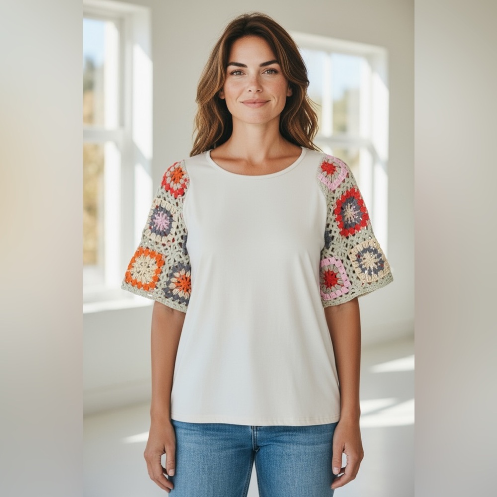 Colorful Crochet Sleeve Beige Blouse
Size Large